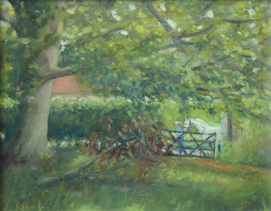8 x 10 inch oil painting of a rider with her grey horse, by a gate near the top of Lyndon