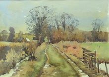 Load image into Gallery viewer, 9.75 x 13.75 inch watercolour of a country lane, with puddles, distant trees and fields and large trees in the middle distance and to the right.
