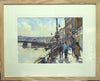 9.5 x 13.5 inch watercolour, looking into the sunlight, with a bridge over the river on the left, building on the right, with several people walking on the pavement beneath.  Shows single cream mount with groove cut out  on inner edge, and a plain Oak frame moulding.