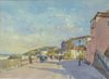 10 x 13.75 inch watercolour of the promenade at Cromer, with many figures strolling along, the sea in the left distance, cliffs in the centre and buildings on the right.