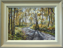 Load image into Gallery viewer, 13 x 19 inch Pastel painting of the woodland above High Wray farm, with a stony path leading through, with bright Autumn coloured trees,many Silver Birches. The sun is glinting through trees in the mid right foreground. Shows the frame with an off-white inner edge, gradating through bige to a greyish outer edge.