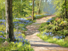 Load image into Gallery viewer, 6 x 8 inch oil painting of a curling path at wakerley Wood, with Bluebells abounding on both sides.
