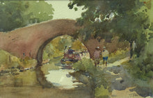 Load image into Gallery viewer, 6.5 x 10 inch watercolour of a hump-back bridge over the canal at Braunstone, with a narrowboat moving off just beyond the bridge, and two figures on the towpath on the right.
