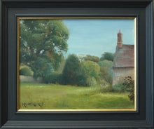 Load image into Gallery viewer, 11x14 inch oil painting of the edge of the workman&#39;s cottage at Lyndon, on the right of the painting, with bushes and a large Oak tree on the left, showing the black frame with a gold inner edge.
