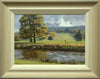 10 x 14 inch oil of two large Autumn trees on the left middle distance, one human walking and several sheep, a hill rising up to blue distant trees and a lively sky. Shows hand-finished frame with pale colurs to a grey outer frame.