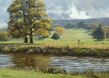 Load image into Gallery viewer, 10 x 14 inch oil of two large Autumn trees on the left middle distance, one human walking and several sheep, a hill rising up to blue distant trees and a lively sky.

