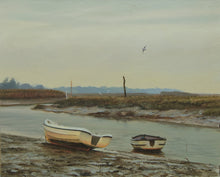 Load image into Gallery viewer, Two boats on the mud at the Norfolk harbour, with a greyish sky and three guls on the wing.

