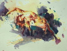 Load image into Gallery viewer, Classical nude study of the female form, with a novel pose, and what a masterpiece! The control of the warm and cool colours throughout the painting is so deft and admirable, and makes for a beautiful painting.