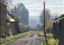 Load image into Gallery viewer, Moor Lane from North Luffenham looking into the sunlight with an intensely lit barn roof and winter trees, by Peter Barker
