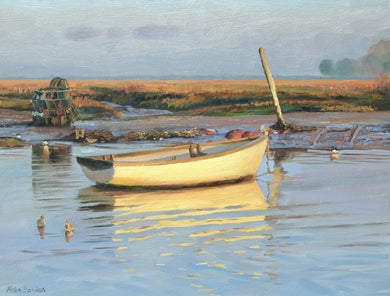 9 x 12 inch oil painting of a white-hulled boat on the water, glowing yellow in the late Winter sunshine, with a high horizon.