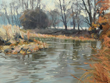 Load image into Gallery viewer, Small painting of the river welland on a bend at Harringworth, with loosely painted backdrop of trees, reflected in the fast-moving water.
