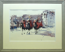 Load image into Gallery viewer, Super wet-in-wet watercolour by Trevor Lingard, with horses and red-clad soldiers parading on Horse Guards Parade, showing grey frame with ivory and white double mount