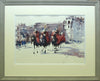Super wet-in-wet watercolour by Trevor Lingard, with horses and red-clad soldiers parading on Horse Guards Parade, showing grey frame with ivory and white double mount