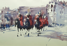 Load image into Gallery viewer, Super wet-in-wet watercolour by Trevor Lingard, with horses and red-clad soldiers parading on Horse Guards Parade