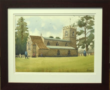 Load image into Gallery viewer, 10 x 14 inch watercolour of Lyndon Church,with large trees left and right of the building, with a few figures amid the gravestones. Photo shows the narrow double ivory mount with a broad, dark-stained wood outer moulding.