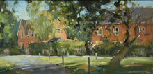 Load image into Gallery viewer, 8 x 16 inch Oil painting of the brick cottages at Lyndon on the road down to Wing. Beautifully painted with thick brushtrokes of paint, perfectly described. Tree in the right foreground and wooden posts around the small green on which it grows.
