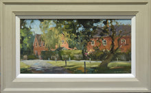 Load image into Gallery viewer, 8 x 16 inch Oil painting of the brick cottages at Lyndon on the road down to Wing. Beautifully painted with thick brushtrokes of paint, perfectly described. Tree in the right foreground and wooden posts around the small green on which it grows. Also shows the stone-coloured frame with a white inner slip.
