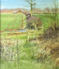 Portrait-shaped 17 x 15 inch oil painting of a typical March landscape, with a line of sunlit bare trees on the horizon, with a barn left of centre, a hedgerow stretching from down the centre in the distance down towards the foreground, with a farm track going across from left to right, with two open gates and foreground dead vegetation.