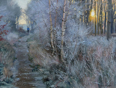 7.5 x 10 inch oil painting of a jogger in Bedford Purlieus Wood, with a bright, morning sun just shining through the trees, all heavily coated with a hoar frost.