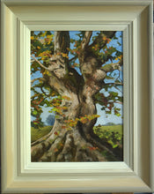 Load image into Gallery viewer, 12 x 9 inch oil painting of an ancient Oak tree, painted in a loose, impressionistic style - shows the frame, coloured with an off-white inner, gradated to a buff, grey outer.
