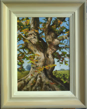 Load image into Gallery viewer, 12 x 9 inch oil painting of an ancient Oak tree, painted in a loose, impressionistic style - shows the frame, coloured with an off-white inner, gradated to a buff, grey outer.