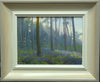 6 x 8 inch oil painting of Pine trees at Barnsdale Wood, looking straight into the sunlight, with bluebells beneath,, showing hand-finished grey outer to beige and off-white inner frame
