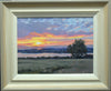9 x 12 inch oil painting of the setting sun over Rutland Water, painted in a loose, impressionistic style. showing hand-finished grey outer to beige and off-white inner frame
