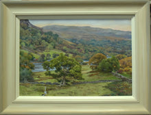 Load image into Gallery viewer, 13 x 19 inch Pastel of Rydal Water, partly hidden by groups of trees, with a backdrop of tree-clad fells. AShows the frame with an off-white inner edge, gradating to an beige/grey outer edge.