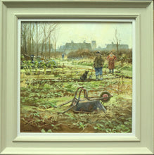 Load image into Gallery viewer, 15 x 15 inch oil of a couple on their allotment on a frosty day, upturned wheelbarrow in the foreground, grey rooftops in the distance, the man looking at his dog and saying &quot;shall we start then&quot;!  Shows the stone-coloured frame with white inner slip.
