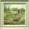 15 x 15 inch oil of a couple on their allotment on a frosty day, upturned wheelbarrow in the foreground, grey rooftops in the distance, the man looking at his dog and saying "shall we start then"!  Shows the stone-coloured frame with white inner slip.