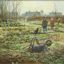 Load image into Gallery viewer, 15 x 15 inch oil of a couple on their allotment on a frosty day, upturned wheelbarrow in the foreground, grey rooftops in the distance, the man looking at his dog and saying &quot;shall we start then&quot;!
