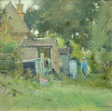 Load image into Gallery viewer, 12 x 12 inch oil painting, with various leaning sheds at the back of an old workman&#39;s cottage, with a figure walking towards us on a grassy path between the sheds and some trees.
