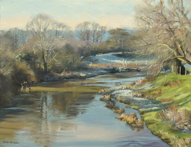 Wintry painting of a bend in the River Welland at Uffington near Stamford. Some frost on the far bank and the right foreground, with a streak of sunlight lighting up the water from a gap in the hedgerow.