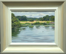 Load image into Gallery viewer, 6 x 8 inch oil painting of Swans on the lake at Clumber Park, painted en plein air, showing hand-finished grey outer to beige and off-white inner frame
