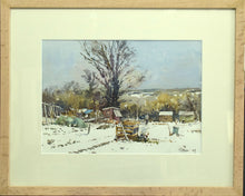 Load image into Gallery viewer, 9.75 x 13.75 inch watercolour of sheds and other paraphernalia on an allotment, with snow on the ground and three large trees centre and left in and beyond the hedgerow across the middle of the picture plane. Shows the plain Oak frame with a single cream mount.
