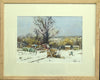 9.75 x 13.75 inch watercolour of sheds and other paraphernalia on an allotment, with snow on the ground and three large trees centre and left in and beyond the hedgerow across the middle of the picture plane. Shows the plain Oak frame with a single cream mount.