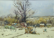 Load image into Gallery viewer, 9.75 x 13.75 inch watercolour of sheds and other paraphernalia on an allotment, with snow on the ground and three large trees centre and left in and beyond the hedgerow across the middle of the picture plane. 
