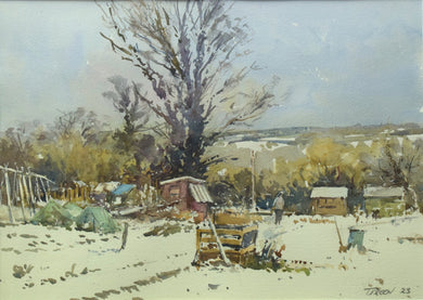 9.75 x 13.75 inch watercolour of sheds and other paraphernalia on an allotment, with snow on the ground and three large trees centre and left in and beyond the hedgerow across the middle of the picture plane. 