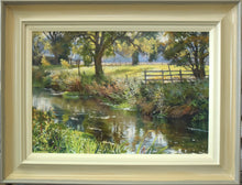 Load image into Gallery viewer, 13 x 19 inch Pastel painting, depicting the river Welland calmly moving from right foreground to left midground, with vegetation in left foreground, several trees above far bank, with sheep grazing in the blue distance. Also shows the gradated frame colour, from off-white inner to grey outer edge.