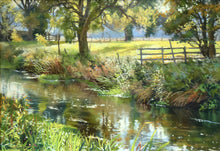 Load image into Gallery viewer, 13 x 19 inch Pastel painting, depicting the river Welland calmly moving from right foreground to left midground, with vegetation in left foreground, several trees above far bank, with sheep grazing in the blue distance.