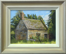 Load image into Gallery viewer, 9x12 inch oil painting of the old stone Bothy in Lyndon, with one window and an old oak door, lit from the sun on the right. Also shows the hand-finished frame.
