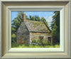 9x12 inch oil painting of the old stone Bothy in Lyndon, with one window and an old oak door, lit from the sun on the right. Also shows the hand-finished frame.