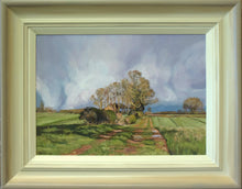 Load image into Gallery viewer, 10 x 14 inch oil painting of trees beside a track near Wing in Rutland, set agaisnt a brooding sky, showing hand-finished grey outer to beige and off-white inner frame
