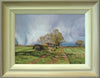 10 x 14 inch oil painting of trees beside a track near Wing in Rutland, set agaisnt a brooding sky, showing hand-finished grey outer to beige and off-white inner frame