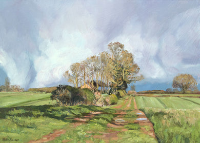 10 x 14 inch oil painting of trees beside a track near Wing in Rutland, set agaisnt a brooding sky.