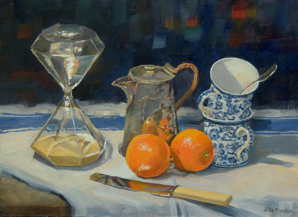Timer, Pewter Pot, Oranges, Knife and Cups, by Peter Barker