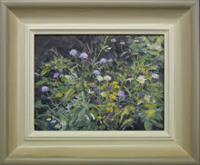 Load image into Gallery viewer, Loosely described painting of a wildflower meadow, with several mauve Field Scabious, white Oxeye Daisies, purple Knapweed and yellow Yellow Loosestrife. Also shows the frame with greyish outer colour to off-white inner.
