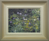 Loosely described painting of a wildflower meadow, with several mauve Field Scabious, white Oxeye Daisies, purple Knapweed and yellow Yellow Loosestrife. Also shows the frame with greyish outer colour to off-white inner.