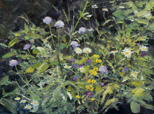 Load image into Gallery viewer, Loosely described painting of a wildflower meadow, with several mauve Field Scabious, white Oxeye Daisies, purple Knapweed and yellow Yellow Loosestrife.
