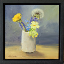 Load image into Gallery viewer, Small square oil painting in a black, floating frame, depicting a Dandelion flower and a Dandelion Clock, with a Cowslip, Grape Hyacinth and Forget-Me-Nots in a little clay pot with a bluish background and an ochrey foreground. Shows the black floating frame with a small gap between frame and painting.

